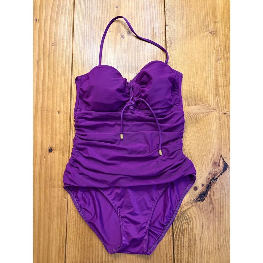 Lauren Ralph Lauren One Piece Swimsuit Size 8 Purple Ruched Halter Bandeau